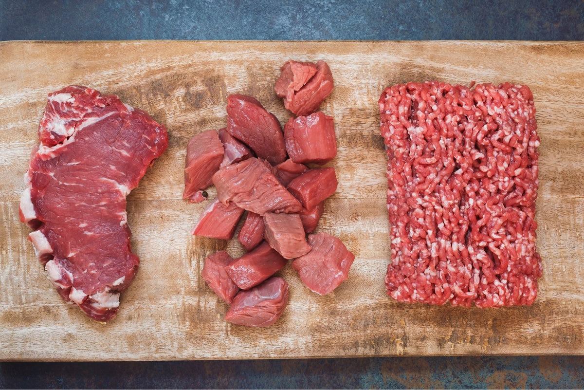 Beef steak, stew meat and ground beef cut from a Buckeye FarmZ animal