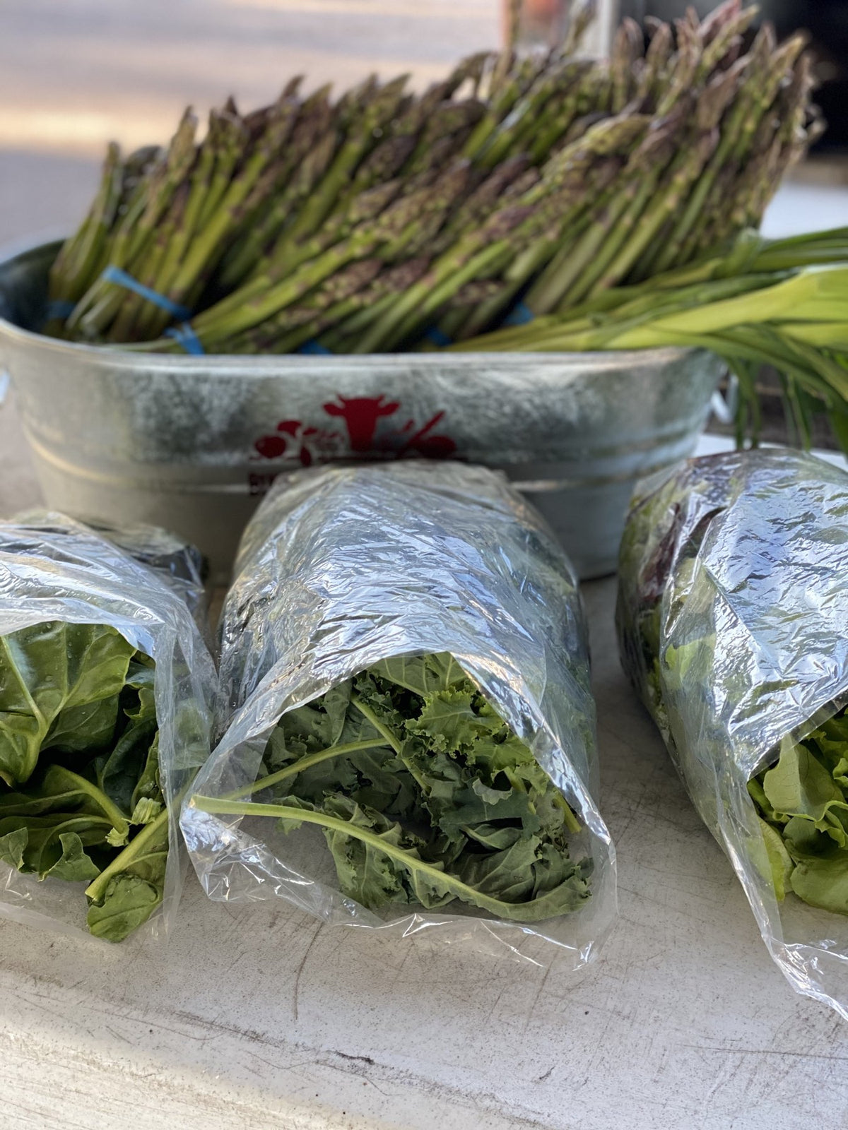 Hand-tied bundles of fresh cut asparagus on the Buckeye FarmZ market table