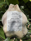 A whole young chicken in a labeled Buckeye FarmZ LLC package, packed at the farm in Salem, Missouri