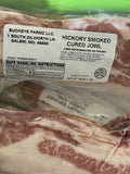 A labeled Buckeye FarmZ package of hickory smoked cured pork jowl