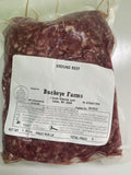 A labeled Buckeye Farms package of ground beef, packed at the farm in Salem, Missouri