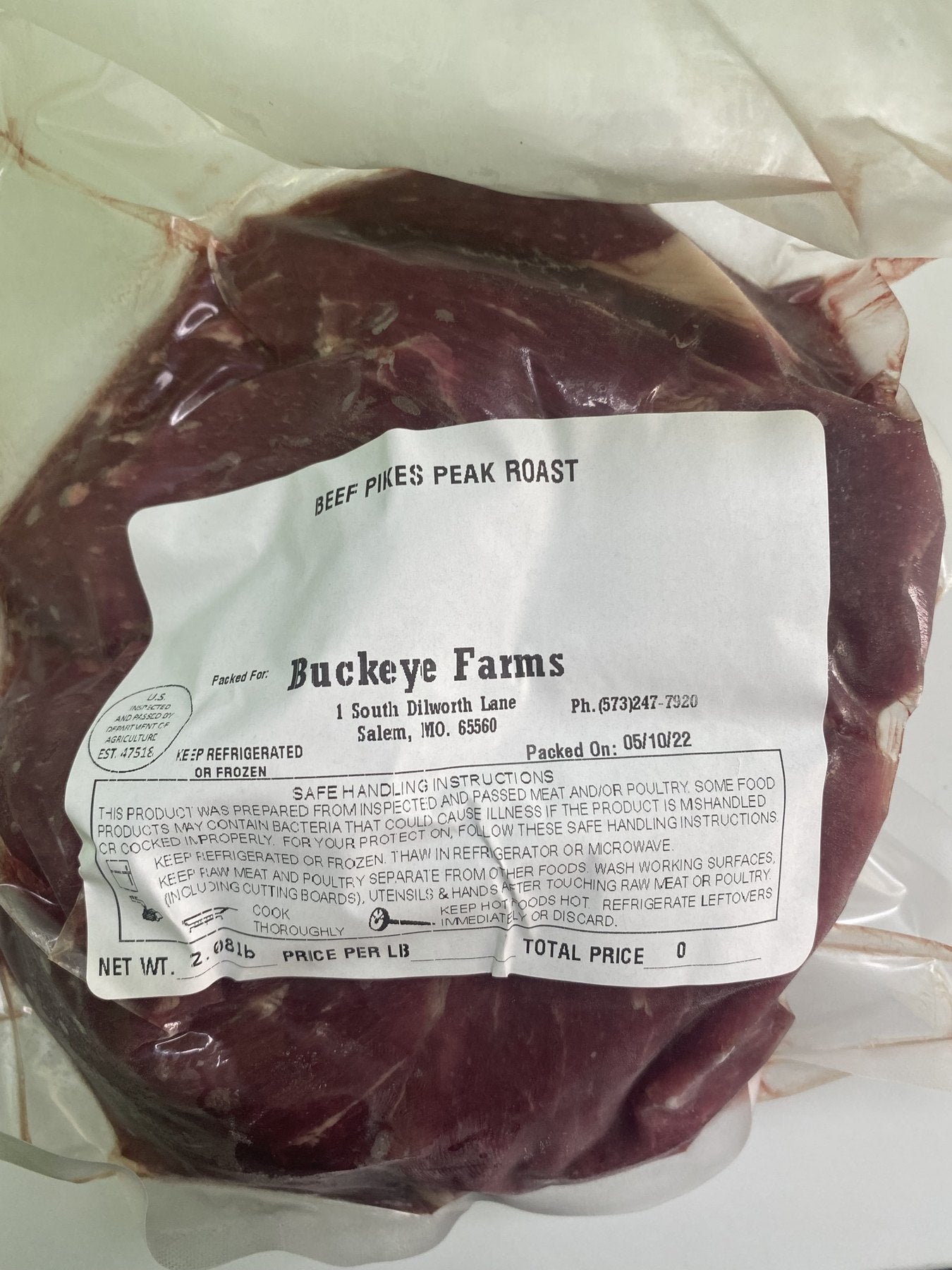 A labeled Buckeye FarmZ package of Pikes Peak beef roast