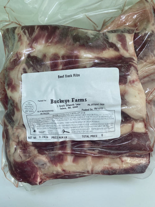 A labeled Buckeye FarmZ package of beef back ribs