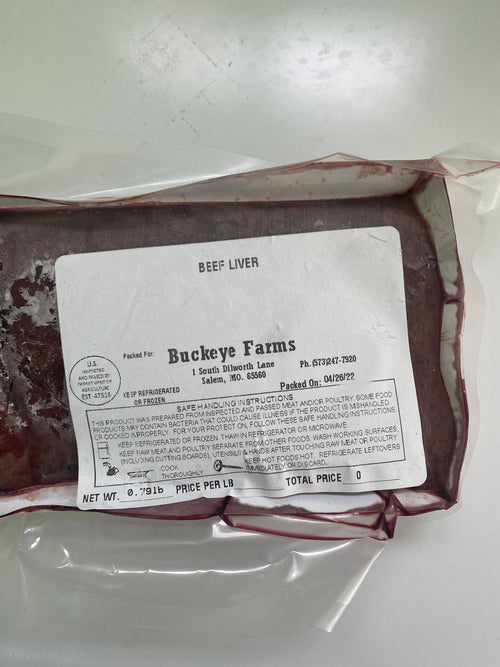 A labeled Buckeye Farms package of beef liver