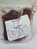 A labeled Buckeye Farms package of beef New York strip steak