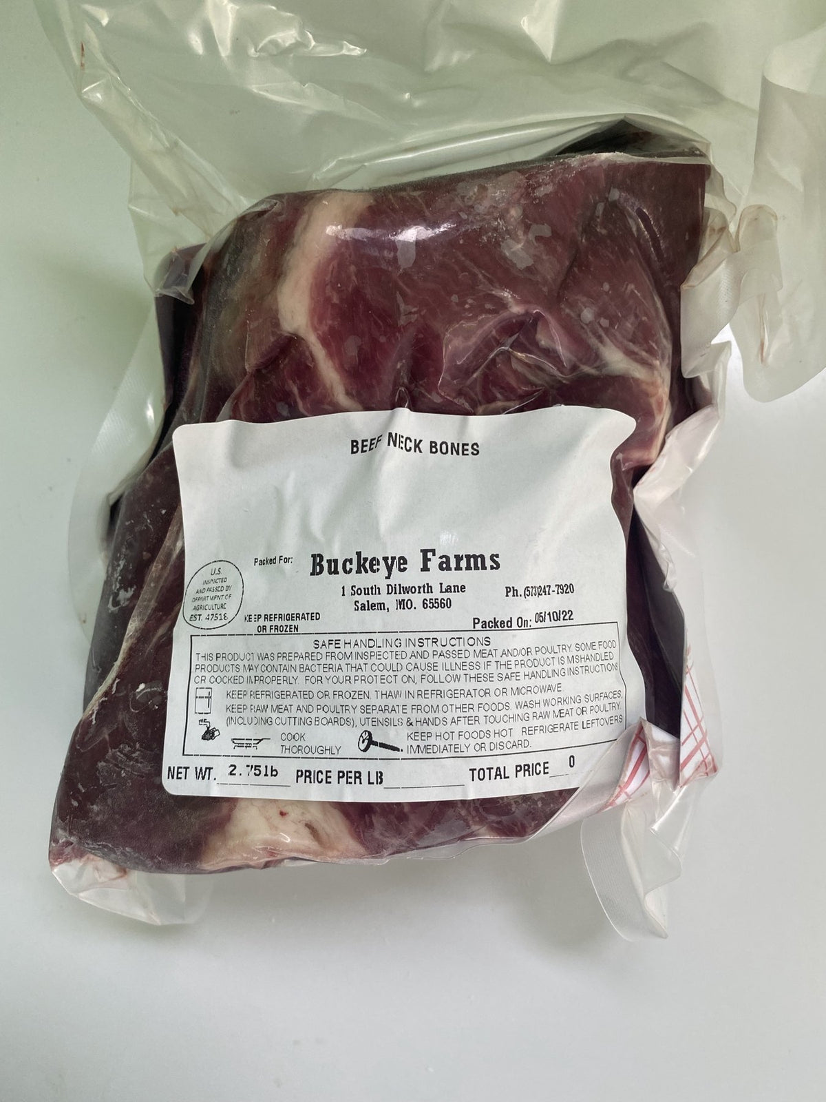 A labeled Buckeye Farms package of beef soup bones