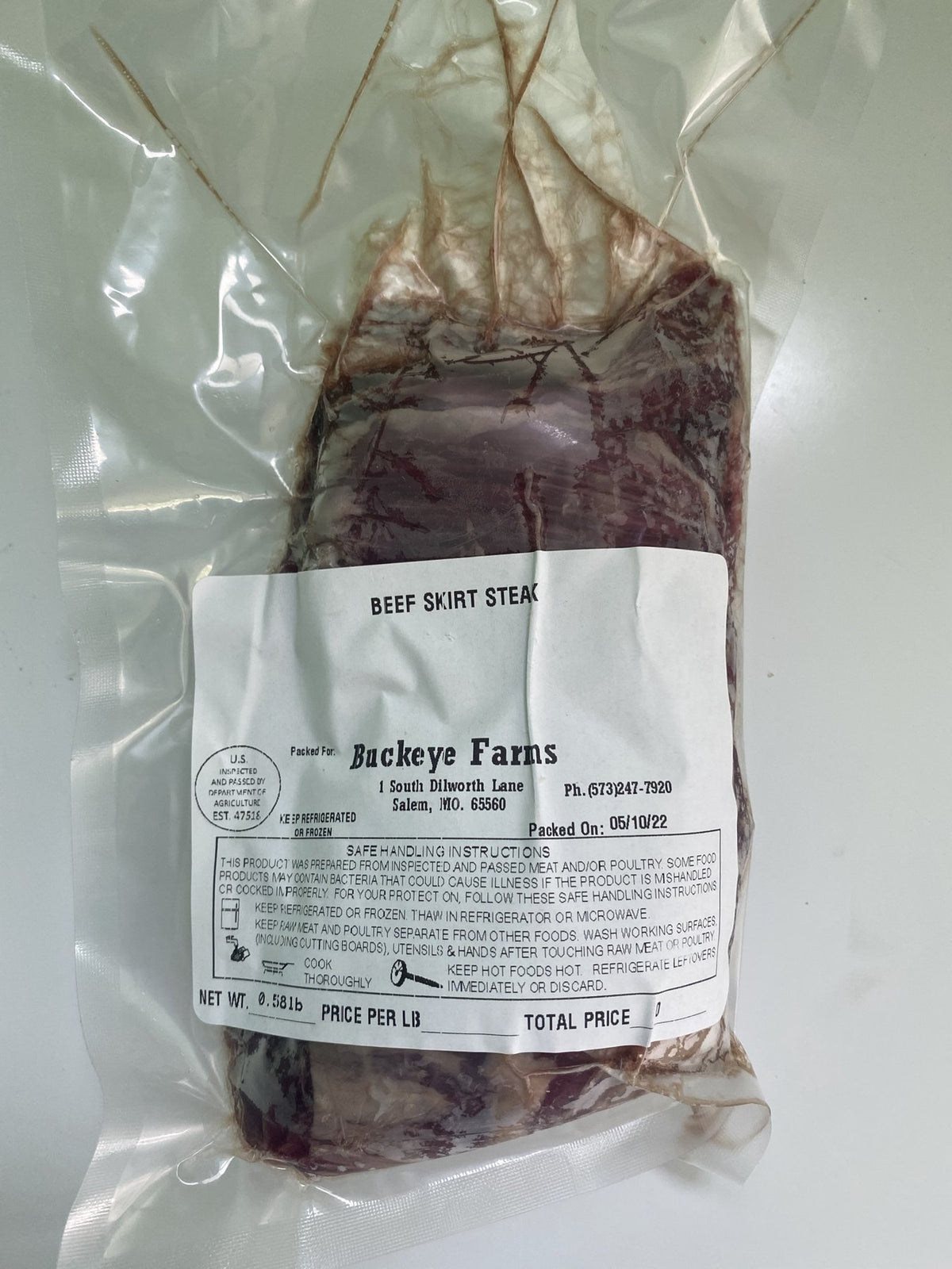 A labeled Buckeye FarmZ package of beef skirt steak