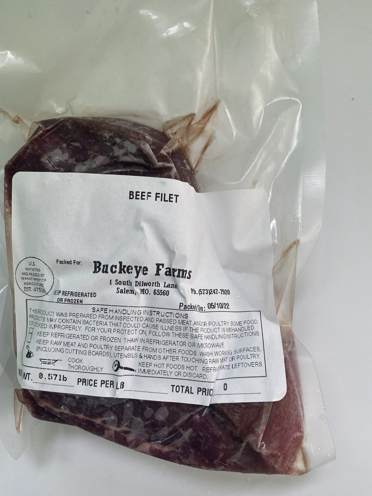 A labeled Buckeye FarmZ package of beef filet from the tenderloin
