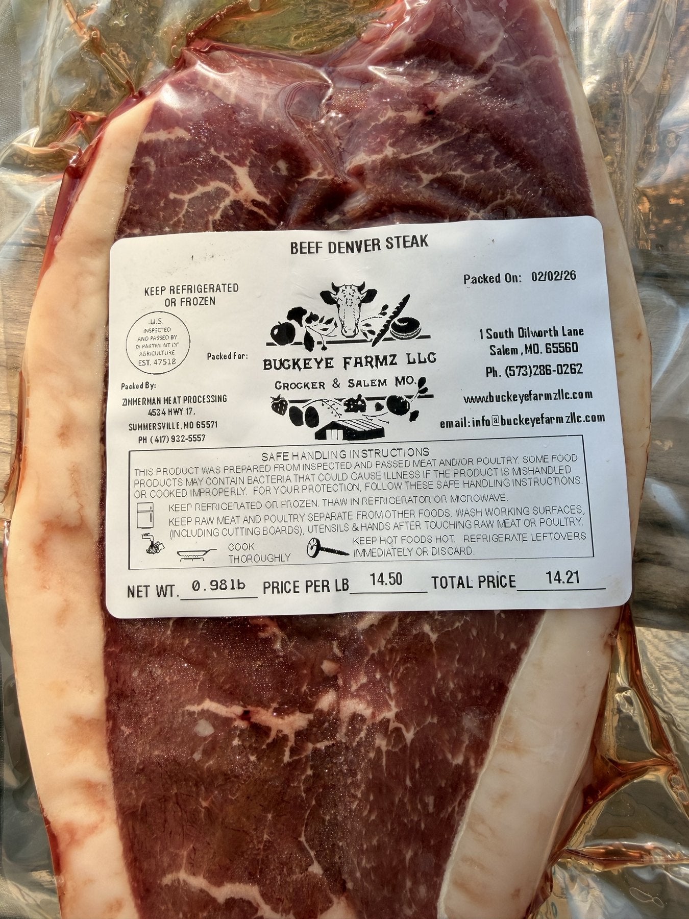 A labeled Buckeye FarmZ LLC package of beef Denver steak, processed in Missouri
