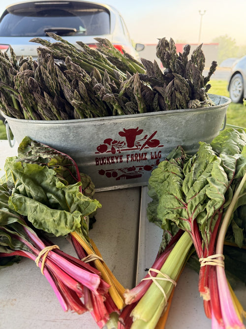 Hand-tied bundles of fresh cut asparagus on the Buckeye FarmZ market table