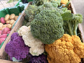 White, purple and orange cauliflower alongside broccoli at the Buckeye FarmZ stand