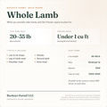 Whole lamb share: about 20 to 35 lb of packaged lamb, under 1 cubic foot of freezer space